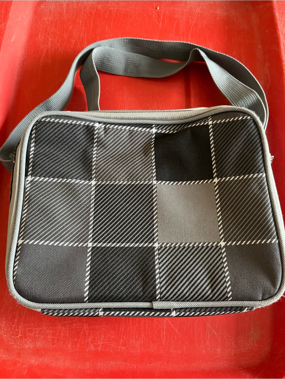 Small grey checkered lunch bag